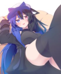 1girl animal_ear_fluff animal_ears baseball_cap bean_bag_chair black_hair black_jacket black_shirt black_shorts black_thighhighs blue_eyes blue_hair blurry blush breasts bright_pupils cat_ears crop_top depth_of_field fake_animal_ears hair_between_eyes hat heterochromia highres jacket kikyo_(vrchat) large_breasts long_hair long_sleeves looking_at_viewer lying multicolored_hair on_back open_clothes open_jacket open_mouth original purple_hair red_eyes satoh_vrc shirt short_shorts shorts simple_background sleeveless sleeveless_shirt smile solo streaked_hair sweatdrop symbol-shaped_pupils thighhighs thighs two-tone_hair very_long_hair vrchat white_background