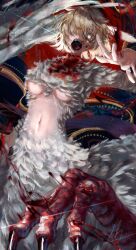 1girl absurdres bleeding blonde_hair blood blood_on_chest breasts centauroid claws commentary dragon_girl dungeon_meshi falin_touden feathered_wings hair_over_one_eye hand_up highres injury looking_at_viewer m10_(lycos_zzz) medium_breasts monster_girl open_mouth sharp_teeth short_hair slit_throat solo taur teeth wings yellow_eyes