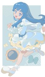 Rule 34 | 1girl, absurdres, ankle bow, ankle ribbon, anklet, aqua background, bare legs, blue bow, blue eyes, blue hair, border, bow, bow skirt, circle skirt, clenched hand, colored eyelashes, cross-laced shoes, dress, floating clothes, floating hair, frilled skirt, frills, full body, halftone, halftone background, happinesscharge precure!, happy, high heels, highres, jewelry, leg up, light blush, long hair, long sleeves, open mouth, outside border, precure, puffy long sleeves, puffy sleeves, pumps, ribbon, running, shipu (gassyumaron), shirayuki hime, shoes, short dress, sidelocks, skirt, skirt under dress, smile, solo, straight hair, tareme, very long hair, waist bow, white border, white bow, white dress, white shoes, yellow skirt