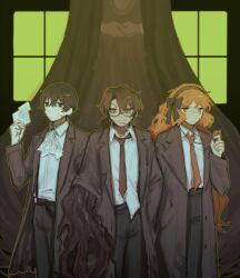 1girl 2boys absurdres ascot black_bow black_coat black_eyes black_hair black_pants bow brown_eyes brown_hair bygone_days_(e.g.o) coat collared_shirt e.g.o_(project_moon) glass_shard glasses gregor_(project_moon) hair_bow hand_up highres holding_glass_shard ishmael_(project_moon) lapels limbus_company long_hair long_sleeves looking_at_viewer low_ponytail multiple_boys necktie notched_lapels orange_eyes orange_hair orange_necktie pants ponytail portrait_of_a_certain_day project_moon red_necktie shirt sidelocks very_long_hair white_ascot white_shirt yi_sang_(project_moon) yobunkiii