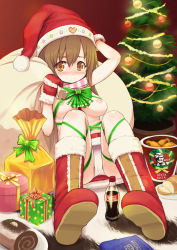 1girl 29_(artist) bird blush boots breasts brown_eyes brown_hair cake chicken chicken_(food) christmas christmas_tree coca-cola female_focus food gift gloves hat kfc large_breasts long_hair metal_gear_(series) metal_gear_solid nipples original panties pantyshot pastry ribbon sack santa_costume santa_hat scarf skirt smile solo swiss_roll topless_female underwear upskirt