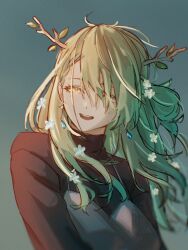 1girl absurdres antlers black_shirt braid braided_bangs branch ceres_fauna earrings floating_hair flower green_eyes green_hair grey_background hair_between_eyes hair_branch hair_flower hair_ornament highres hololive hololive_english horns jewelry long_hair long_sleeves mole mole_under_eye parted_lips shirt side_braid simple_background single_braid smile solo teeth turtleneck turtleneck_shirt upper_teeth_only virtual_youtuber white_flower yuutomeh