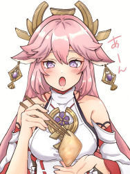 1girl animal_ears bare_shoulders blush breasts chopsticks collarbone commentary_request crossed_bangs detached_sleeves earrings eating floppy_ears food fox_ears fried_food genshin_impact hair_between_eyes holding holding_chopsticks japanese_clothes jewelry kazunokoumaa_(mymyabyss) long_hair looking_at_viewer medium_breasts mitsudomoe_(shape) nontraditional_miko open_mouth pendant_choker pink_hair purple_eyes ribbon_trim shirt simple_background sleeveless sleeveless_shirt solo straight-on tofu tomoe_(symbol) translation_request upper_body vision_(genshin_impact) white_background white_shirt white_sleeves wide_sleeves yae_miko