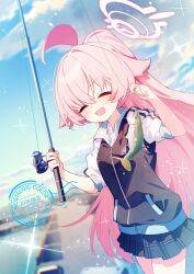 1girl :d ^_^ ahoge artist_name black_jacket black_skirt blue_archive blue_sky blush closed_eyes cloud commentary_request dated day fish fishing_rod hair_between_eyes halo highres holding holding_fishing_rod hoshino_(blue_archive) jacket kasuga_haruhi long_hair open_mouth outdoors pink_hair pink_halo pleated_skirt skirt sky smile solo very_long_hair watermark