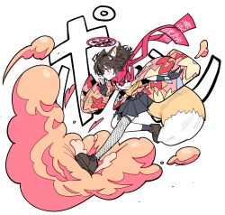 1girl absurdres animal_ear_fluff animal_ears black_skirt black_socks blue_archive blush brown_hair brown_shoes finger_gun fingerless_gloves fishnet_thighhighs fishnets floral_print floral_print_kimono fox_ears fox_girl fox_tail gloves highres izuna_(blue_archive) japanese_clothes kimono orange_kimono pink_scarf pleated_skirt print_kimono scarf shirt shoes single_sock single_thighhigh skirt socks solo tail thighhighs white_shirt wujurana yellow_eyes