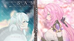 2girls absurdres blue_eyes blurry breasts character_request chinese_commentary commentary_request copyright_request corset elf elysia_(honkai_impact) elysia_(miss_pink_elf)_(honkai_impact) highres honkai_(series) honkai_impact_3rd large_breasts long_hair multiple_girls pink_hair pointy_ears sample_watermark shrug_(clothing) smile upper_body watermark white_corset white_hair wo_mei_yijian