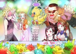2boys 3girls aerith_gainsborough armor bag bare_shoulders barret_wallace beard belt black_bra black_pants black_shirt black_tank_top blue_eyes blue_leotard bomb_(final_fantasy) bra breastplate breasts brown_belt brown_gloves brown_vest cait_sith_(final_fantasy) cat chocobo cloud_strife crane_(machine) cropped_jacket dog_tags dress earrings elbow_gloves facial_hair fat_chocobo final_fantasy final_fantasy_vii final_fantasy_vii_remake fingerless_gloves furrowed_brow gloves green_eyes hair_ribbon headband holding holding_bag jacket jessie_rasberry jewelry leotard light_smile long_dress medium_breasts moogle multiple_belts multiple_boys multiple_girls open_mouth pants parted_bangs pauldrons pink_dress pink_ribbon ponytail prosthetic_weapon red_eyes red_headband red_jacket ribbon sabotender shaded_face shirt shoulder_armor sidelocks single_bare_shoulder single_earring single_pauldron sleeveless sleeveless_turtleneck sports_bra stuffed_animal stuffed_toy sunglasses suspenders tank_top taruta12 tifa_lockhart turtleneck underwear upper_body vest waving_arm white_shirt wide-eyed
