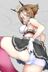 10s 1girl bad_id bad_pixiv_id bare_shoulders blush breasts brown_hair clothes_lift female_focus from_behind gloves green_eyes headgear highres kantai_collection looking_at_viewer looking_back midriff miniskirt mutsu_(kancolle) nac000 open_mouth panties personification red_thighhighs short_hair skirt skirt_lift solo thighhighs underwear upskirt white_gloves