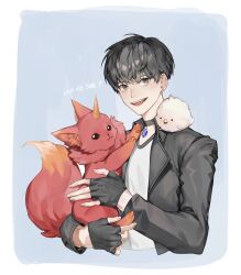 Rule 34 | 0gong0, 1boy, animal, animal on lap, black choker, black eyes, black gloves, black hair, black jacket, choker, earrings, eyes visible through hair, fingerless gloves, gloves, hair over eyes, han yoojin, highres, holding, holding animal, jacket, jewelry, leather, leather gloves, leather jacket, looking at viewer, naega kiun s geubdeul, on lap, open mouth, peace (naega kiun s geubdeul), shirt, short hair, simple background, smile, teeth, tongue, upper body, white shirt