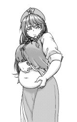 1girl big_belly braid breasts china_dress chinese_clothes closed_mouth cowboy_shot dress greyscale halftone hat hat_ornament hong_meiling koyubi_(littlefinger1988) large_breasts long_hair looking_down monochrome navel solo star_(symbol) star_hat_ornament sweatdrop touhou twin_braids white_background