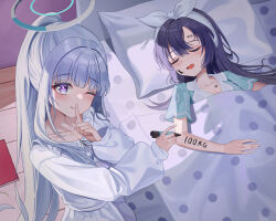 2girls animal_print bedroom blue_archive blue_hair blue_pajamas blue_shirt blush body_writing bow_hairband breasts cat_print chanpower233 closed_eyes dress facial_mark fat_joke finger_to_mouth grey_hair grin hairband halo highres index_finger_raised indoors long_hair long_sleeves looking_at_viewer mechanical_halo medium_breasts messy_hair multiple_girls nightgown noa_(blue_archive) noa_(pajamas)_(blue_archive) official_alternate_costume official_alternate_hairstyle on_bed one_eye_closed pajamas pillow ponytail purple_eyes shirt short_sleeves shushing sleeping sleepover smile swept_bangs very_long_hair white_dress white_hairband white_halo white_nightgown white_pajamas yuuka_(blue_archive) yuuka_(pajamas)_(blue_archive)