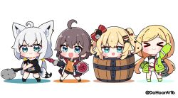 &gt;_&lt; :d absurdres ahoge akai_haato aki_rosenthal animal_ear_fluff animal_ear_piercing animal_ears arm_up bare_shoulders barrel black_hoodie black_shirt black_socks blue_eyes bow chibi chibi_only closed_mouth commentary_request dohoon earrings fox_ears fox_girl fox_tail full_body green_hoodie green_socks hair_bow hair_ornament highres holding holding_shield holding_sword holding_weapon hololive hood hood_down hoodie in_container jewelry long_hair long_sleeves looking_at_viewer low_twintails monster_hunter_(series) natsuiro_matsuri open_clothes open_hoodie open_mouth orange_shirt pizza_cutter red_bow shield shirakami_fubuki shirt short_hair short_sleeves sidelocks simple_background single_earring smile socks standing sweat sword tail twintails twitter_username two_side_up virtual_youtuber weapon white_background white_hair x_hair_ornament