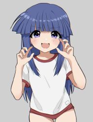 1girl blue_hair blunt_bangs blunt_ends blush buruma commentary_request cowboy_shot furude_rika grey_background gym_uniform hands_up highres higurashi_no_naku_koro_ni hime_cut looking_at_viewer naughty_face poyadevil purple_eyes red_buruma shirt short_sleeves sidelocks simple_background smug solo straight-on tareme thigh_gap v-shaped_eyebrows white_shirt