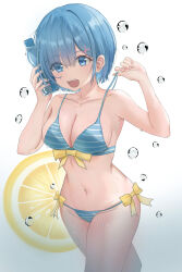 1girl absurdres bikini bikini_top_pull blue_bikini blue_eyes blue_hair bottle breasts cleavage collarbone commentary food front-tie_bikini_top front-tie_top fruit gradient_background grey_background hair_ornament hands_up highres holding holding_bottle ko_haru large_breasts lemon looking_at_viewer navel open_mouth re:zero_kara_hajimeru_isekai_seikatsu rem_(re:zero) short_hair side-tie_bikini_bottom smile solo standing string_bikini striped_bikini striped_clothes swimsuit water_drop white_bikini x_hair_ornament