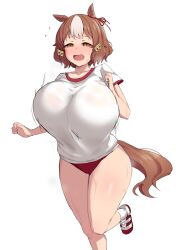 1girl absurdres alternate_breast_size animal_ears belno_light_(umamusume) bouncing_breasts bow breasts brown_hair buruma commentary ear_ornament ear_ribbon exhausted girly_running golden_week gym_shirt gym_uniform hair_ornament highres horse_ears horse_girl horse_tail huge_breasts letter_hair_ornament multicolored_hair noe_(ppppriver) red_buruma running shirt short_hair simple_background solo sweat tail thick_thighs thighs tracen_training_uniform two-tone_hair umamusume umamusume:_cinderella_gray white_background white_hair white_shirt yellow_eyes