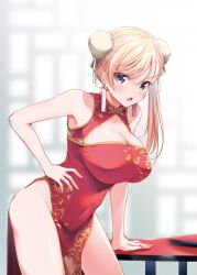 Rule 34 | 1girl, araragi ayune, arm support, bare arms, bare shoulders, blonde hair, blue eyes, breasts, bun cover, china dress, chinese clothes, cleavage, cleavage cutout, clothing cutout, commentary request, covered navel, cowboy shot, double bun, dress, hair bun, hand on own hip, isshiki-san wa koi wo shiritai., large breasts, looking at viewer, open mouth, pelvic curtain, red dress, rinna milford, sleeveless, sleeveless dress, solo, swept bangs, table, v-shaped eyebrows