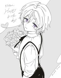 1boy blue_eyes bouquet dated flower from_above from_side grey_background greyscale happy_birthday highres holding holding_bouquet looking_at_viewer male_focus monochrome ohuman oliver_fog parted_lips reverse:1999 shirt short_hair smile solo spot_color suspenders turning_head upper_body
