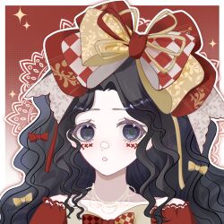 Rule 34 | 1girl, absurdres, argyle bow, argyle bowtie, argyle clothes, bare shoulders, bead necklace, beads, black eyes, black hair, border, bow, bowtie, checkered bow, checkered clothes, collarbone, crimson rhapsody (infinity nikki), dress, eyelashes, facepaint, gradient background, hair bow, hair ribbon, halftone, halftone background, highres, hime lolita, infinity nikki, jewelry, lace, lace-trimmed dress, lace trim, large bow, light blush, lolita fashion, long hair, looking at viewer, multiple hair bows, necklace, nikki (series), off-shoulder dress, off shoulder, open mouth, outline, outside border, pale skin, red background, red bow, red bowtie, red dress, red ribbon, ribbon, sidelocks, solo, sparkle, tareme, two-tone bow, two-tone bowtie, two-tone ribbon, upper body, wavy hair, white border, white outline, yellow bow, yellow bowtie, yellow ribbon, zhizhizhizhizhizong