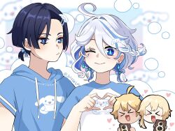 Rule 34 | &gt; &lt;, 2boys, 2girls, aether (genshin impact), ahoge, black hair, blonde hair, blue eyes, blue hair, blue hoodie, blue ribbon, blue shirt, camera, cinnamoroll, closed eyes, closed mouth, earrings, furina (genshin impact), fuwa fuwa cinnamoroll, genshin impact, hair between eyes, hair ornament, hair ribbon, highres, holding, holding camera, hood, hoodie, jewelry, julydelic, long hair, looking at viewer, lumine (genshin impact), multicolored hair, multicolored shirt, multiple boys, multiple girls, one eye closed, open mouth, ribbon, sanrio, scaramouche (genshin impact), shirt, short hair, short sleeves, smile, streaked hair, t-shirt, white hair, white shirt