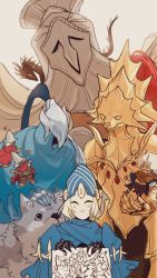 1girl 6+boys abyss_watcher armor artorias_the_abysswalker braid chibi crown dark_souls_(series) dark_souls_i dark_souls_iii dragon_slayer_ornstein drawing full_armor gold_armor great_grey_wolf_sif grey_fur happy hawkeye_gough helmet highres lord&#039;s_blade_ciaran mask multiple_boys nameless_king tworain_w wolf