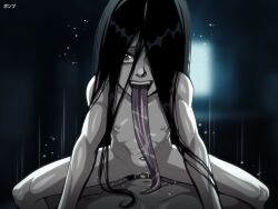 1boy 1girl abs black_hair colored_skin cowgirl_position ghost grey_eyes grey_skin happy_sex loli long_hair long_tongue muscular muscular_arms muscular_child muscular_female navel nipples one_eye_covered ponpu_(pumpkinsinclair) saliva straddling the_ring tongue tongue_out yamamura_sadako