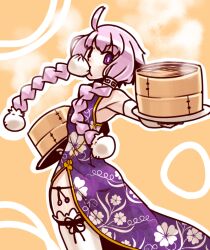1girl alternate_costume ass bamboo_steamer steamed_bun bare_shoulders braid braided_sidelock bun_cover china_dress chinese_clothes cowboy_shot dress elbow_gloves flat_chest floral_print food food_in_mouth from_behind gloves holding holding_tray long_hair looking_back mouth_hold moyasiwhite one-hour_drawing_challenge orange_background outline outstretched_arm print_dress purple_dress purple_eyes purple_hair short_hair_with_long_locks side_slit simple_background sleeveless sleeveless_dress solo standing steam thighhighs tray twin_braids twisted_torso vocaloid voiceroid white_gloves white_outline white_thighhighs yuzuki_yukari