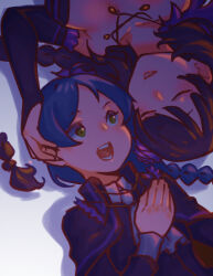 2girls age_difference ascot black_hair blue_hair braid breasts cape closed_mouth elsa_granhilte green_eyes hand_on_another highres large_breasts lipstick makeup meili_portroute multiple_girls parted_hair re:zero_kara_hajimeru_isekai_seikatsu shoulder_gloves siblings sisters slothfulonie smile