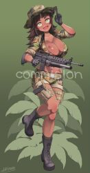 1girl absurdres belly black_gloves black_hair boots breasts commission dark-skinned_female dark_skin dragoncastle full_body gloves green_background green_eyes gun hat highres holding holding_gun holding_weapon large_breasts looking_at_viewer military military_uniform open_mouth original simple_background solo standing weapon