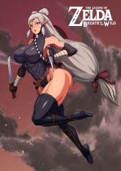 1girl abs big_hair breasts elbow_gloves eye_symbol facial_mark gloves highres hyrule_warriors:_age_of_calamity impa kingbang kunai large_breasts leotard lips long_hair low-tied_long_hair muscle muscular muscular_female nintendo pointy_ears sheikah silver_hair solo sword the_legend_of_zelda the_legend_of_zelda:_breath_of_the_wild thick_thighs thighhighs thighs very_long_hair wakizashi weapon yellow_eyes