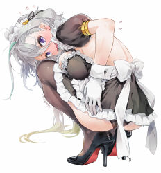 1girl alternate_costume apron ass backless_dress backless_outfit black_dress black_panties blush breasts brown_thighhighs dress enmaided fate/grand_order fate_(series) green_hair high_heels highres huyan_zhuo_(fate) huyan_zhuo_(fgo_fes._2025)_(fate) large_breasts long_hair maid maid_headdress multicolored_hair panties puffy_short_sleeves puffy_sleeves purple_eyes rori_chuushin short_sleeves squatting streaked_hair sweat thighhighs underwear waist_apron white_apron wrist_cuffs