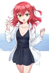 Rule 34 | 1girl, black dress, bocchi the rock!, breasts, cellphone, cleavage, coat, commentary request, dress, green eyes, highres, holding, holding phone, kita ikuyo, medium hair, minosu, one side up, open mouth, phone, plunging neckline, red hair, small breasts, smile, solo, white coat