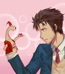 1boy blue_jacket brown_hair christmas club3 collared_shirt creature extra_eyes extra_mouth eye_contact gift half-closed_eyes izumi_shin&#039;ichi jacket jitome kiseijuu long_sleeves looking_at_another migi_(kiseijuu) necktie pink_background red_neckwear santa_costume school_uniform shirt sweat sweatdrop upper_body vest wing_collar