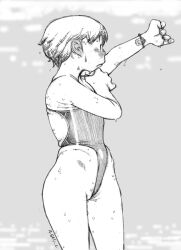 1girl a_gato_c adjusting_strap arm_up artist_name blush competition_swimsuit frown greyscale mob_face monochrome one-piece_swimsuit original short_hair solo standing swimsuit wet wristband