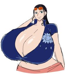 1girl alternate_breast_size black_hair blue_eyes blue_jacket breasts cleavage closed_mouth collarbone cropped_jacket cropped_legs eyewear_on_head gigantic_breasts hair_slicked_back jacket long_hair looking_at_viewer midriff momijizx nico_robin nico_robin_(return_to_sabaody) official_alternate_costume one_piece sarong shiny_skin short-sleeved_jacket short_sleeves smile sunglasses sunglasses_on_head tinted_eyewear white-framed_eyewear zipper