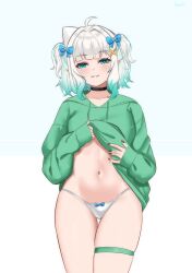 1girl blue_eyes blush bow bow_panties choker clothes_lift commentary gradient_hair green_hair green_sweater hair_ornament highres indie_virtual_youtuber lifting_own_clothes long_sleeves looking_at_viewer mint_fantome mint_fantome_(minto_2.0) multicolored_hair navel panties senpaisif sleeves_past_wrists solo sweater sweater_lift symbol-only_commentary triangular_headpiece two_side_up underwear virtual_youtuber white_hair white_panties x_hair_ornament