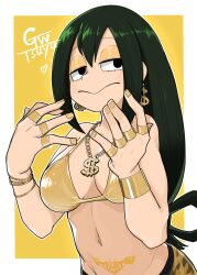1girl absurdres asui_tsuyu bare_shoulders bikini black_eyes boku_no_hero_academia border breasts character_name dollar_sign earrings gold_bikini gold_earrings gold_pendant golden_week golden_week_bikini green_hair highres jewelry large_breasts navel pubic_tattoo shinsutebachi simple_background solo swimsuit tattoo white_border yellow_background yellow_theme