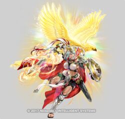 1girl abs arm_shield attack bird black_gloves breasts commentary_request company_name dagr_(fire_emblem) dagr_(sunny_bloom)_(fire_emblem) emblem feather_trim fire_emblem fire_emblem_heroes full_body gladiator_sandals gloves glowing glowing_animal glowing_weapon grey_background grey_hair holding holding_sword holding_weapon lips medium_breasts muscular muscular_female navel nintendo official_alternate_costume official_art open_mouth pelvic_curtain sandals sheath shield short_hair smile solo sword weapon yamada_koutarou