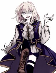 1girl :d absurdres bang_dream! bang_dream!_it&#039;s_mygo!!!!! black_shorts black_thighhighs blonde_hair boots bow bowtie bright_pupils brooch brown_boots doloris_(bang_dream!) fang frills hachibousei_dance_(bang_dream!) hand_up highres invisible_chair jewelry kira_reader knee_boots knee_up long_sleeves looking_at_viewer misumi_uika open_mouth orange_brooch over-kneehighs purple_eyes purple_vest shirt short_hair short_shorts shorts showgirl_skirt simple_background sitting smile solo straight-on thigh_strap thighhighs tsurime vest white_background white_bow white_bowtie white_pupils white_shirt
