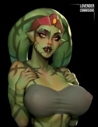 1girl absurdres alien artist_name black_background bra breasts colored_skin green_eyes green_skin grey_bra highres large_breasts lip_piercing lip_ring looking_at_viewer lovender_art nose_piercing nose_ring piercing saleen_jarvik_(ivynotorious) simple_background solo star_wars twi&#039;lek underwear upper_body