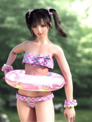 1girl 3d bandeau bikini bracelet brown_eyes brown_hair clear_(character) female_focus flat_chest green_background incise_soul innertube jewelry long_hair looking_at_viewer m-rs pink_bikini plaid realistic smile solo standing swim_ring swimsuit teeth twintails