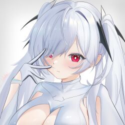 1girl arm_up armpit_cutout artist_name black_gloves blank_stare blush bodysuit chokei cinderella_(nikke) cleavage_cutout closed_mouth clothing_cutout commentary_request covered_collarbone english_text expressionless eyelashes gloves goddess_of_victory:_nikke hair_intakes hair_ornament hair_over_one_eye hairpin highres long_bangs long_hair long_sleeves looking_at_viewer parted_bangs portrait raised_eyebrows red_eyes signature solo turtleneck turtleneck_bodysuit twintails two-tone_gloves white_background white_bodysuit white_gloves white_hair white_theme