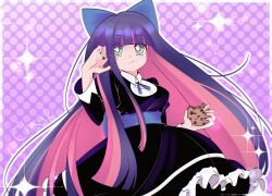 Rule 34 | 1girl, absurdres, angel, artist name, black dress, black nails, blue bow, blue ribbon, bow, chisaki yumii, colored inner hair, dress, eating, food, highres, holding, holding food, lolita fashion, multicolored hair, panty &amp; stocking with garterbelt, pink streaks, polka dot, polka dot background, purple background, purple hair, ribbon, sparkle, stocking (psg)