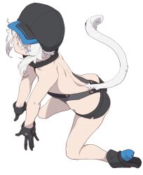 1girl arm_support ass back black_boots black_gloves black_hat black_shorts blue_eyes boots colored_eyelashes from_side gloves hair_between_eyes halterneck hat high_heel_boots high_heels highres hip_vent kneeling leaning_forward micro_shorts original short_hair_with_long_locks shorts solo subaru_(yamunashi) tail webp-to-png_conversion white_hair white_tail yamunashi_(soregoshi)