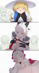 1boy 3girls anger_vein blonde_hair blush bottomless carlotta_(wuthering_waves) dress food food_in_mouth hat highres horns multiple_girls out-of-frame_censoring phoebe_(wuthering_waves) pocky pocky_in_mouth rover_(wuthering_waves) white_dress white_hair white_hat wuthering_waves xeae_exp zani_(wuthering_waves)