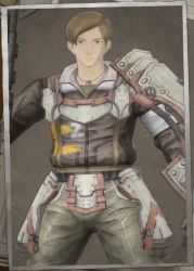 1boy 3d armor brown_eyes brown_hair clothes coat gloves jacket jewelry jimmy_frank looking_at_viewer male_focus military military_uniform necklace official_art pants sega senjou_no_valkyria_(series) senjou_no_valkyria_4 serious shirt short_hair simple_background solo standing weapon