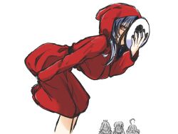 4girls alternate_costume black_hair black_nails character_request closed_mouth cosplay dress gigi_murin grey_hair holding holding_mask hololive hololive_english hood hood_up hooded_dress koseki_bijou leaning_forward long_hair mario_(series) mask multicolored_hair multiple_girls nintendo penguin_stamp red_dress shiori_novella shy_guy shy_guy_(cosplay) simple_background smile solo_focus split-color_hair takanashi_kiara two-tone_hair virtual_youtuber white_background yellow_eyes