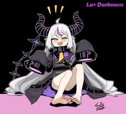 1girl ahoge artist_name bare_legs barefoot braid braided_bangs character_name coat commentary demon_horns fang feet flat_chest full_body grey_hair highres hololive horns knees_up la+_darknesss la+_darknesss_(1st_costume) legs long_hair nail_polish narrowed_eyes open_mouth pointy_ears purple_coat purple_nails sally_v_frank signature sitting sleeves_past_fingers sleeves_past_wrists smile smug solo toenail_polish toenails toes v-shaped_eyebrows very_long_hair very_long_sleeves virtual_youtuber yellow_eyes