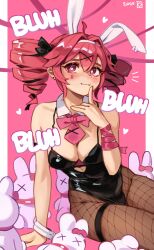1girl absurdres animal_ear_hairband animal_ears arm_support bare_shoulders black_leotard blush border bow bowtie breasts brown_pantyhose cleavage commentary covered_groin cutout_above_navel detached_collar double-parted_bangs drill_hair earrings fake_animal_ears finger_to_cheek fishnet_pantyhose fishnets hair_intakes hair_ornament hair_ribbon hairband heart heart-shaped_pupils highres jewelry kasane_teto kirkeone leotard looking_up necktie pantyhose pillarboxed pink_bow pink_bowtie pink_ribbon playboy_bunny rabbit_ear_hairband rabbit_ears rabbit_hole_(vocaloid) red_eyes red_hair ribbon short_necktie single_handcuff sitting small_breasts solo stud_earrings stuffed_animal stuffed_rabbit stuffed_toy symbol-shaped_pupils synthesizer_v teardrop_facial_mark thigh_strap twin_drills utau wrist_ribbon x_hair_ornament