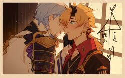 Rule 34 | 2boys, aiguillette, armor, black gloves, black shirt, blonde hair, blue hair, blush, border, commentary, dadadabibadum, dog tags, earrings, english commentary, fake horns, genshin impact, gloves, green eyes, grey border, half gloves, hand on another&#039;s chin, hand up, headband, heart, horned headwear, horns, imminent kiss, indoors, jacket, japanese armor, jewelry, kamisato ayato, light particles, long hair, long sleeves, low ponytail, male focus, medium hair, mole, mole under mouth, multiple boys, necklace, parted bangs, parted lips, ponytail, red jacket, shirt, shoulder armor, smile, sode, stud earrings, thoma (genshin impact), upper body, white jacket, window, yaoi
