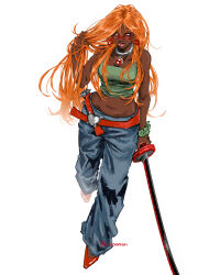 1girl dark-skinned_female dark_skin katana lips pants sosomon sword tagme weapon